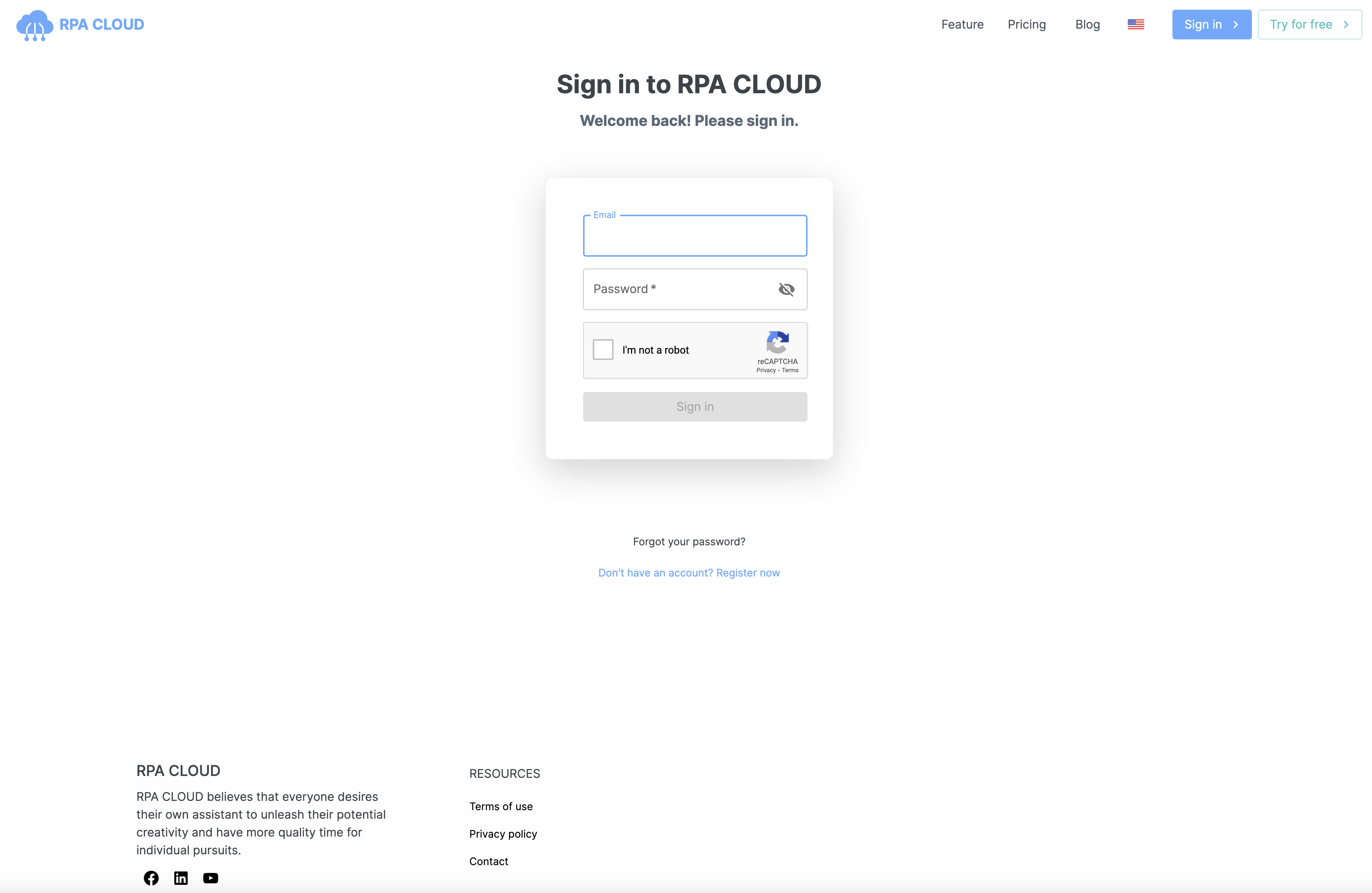 RPA CLOUD sign in page