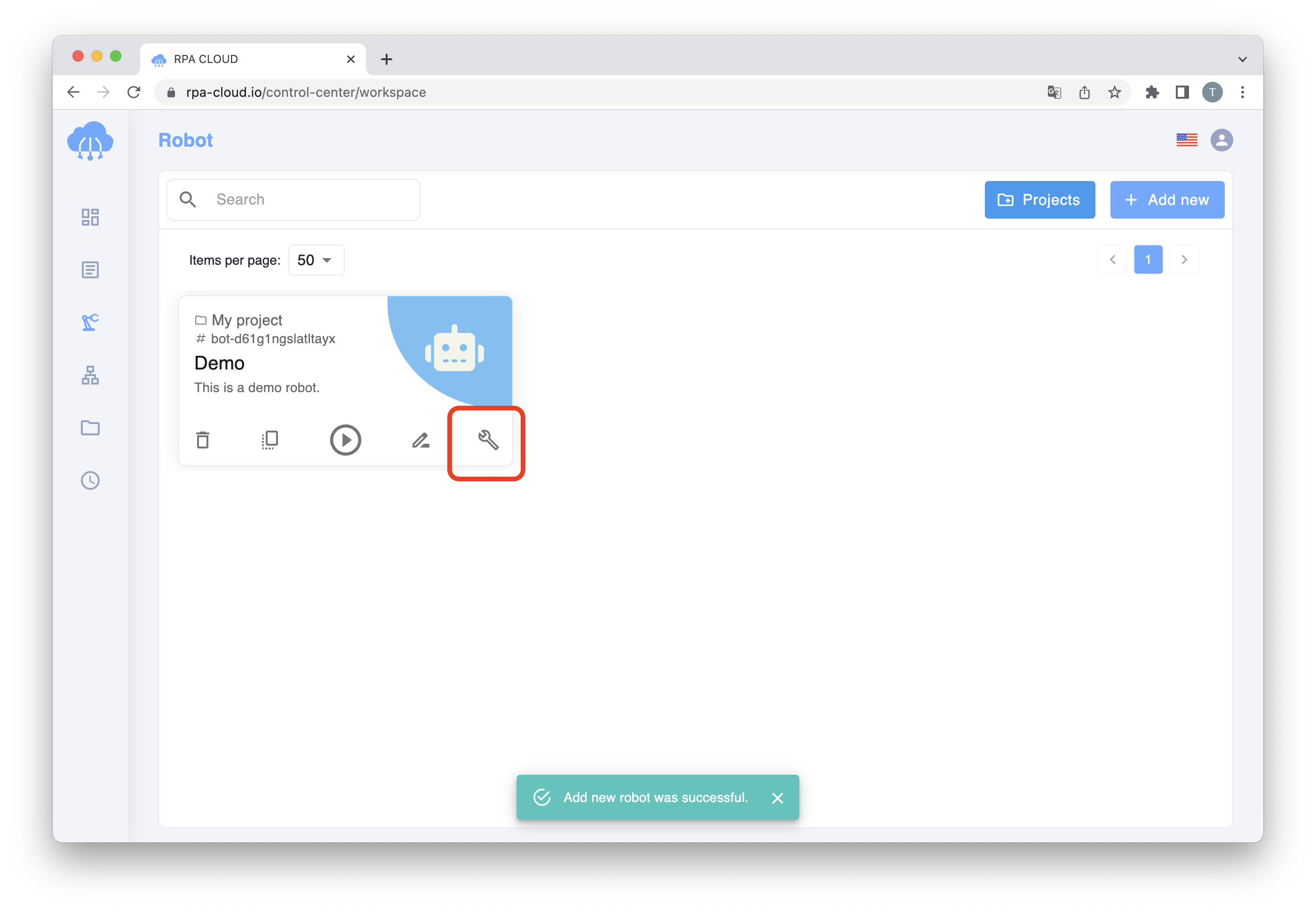 RPA CLOUD robot making page step 2