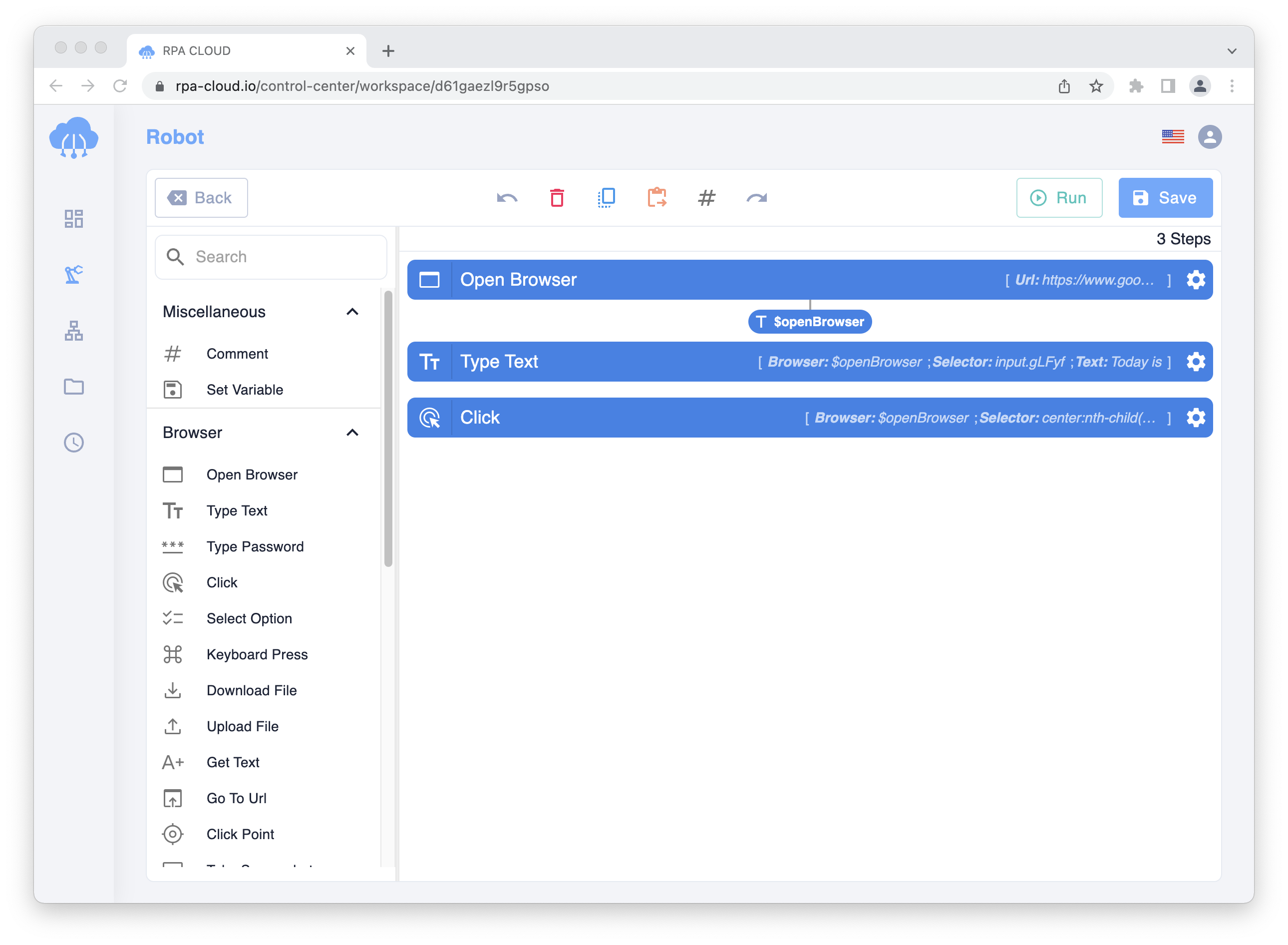 RPA CLOUD robot script making page