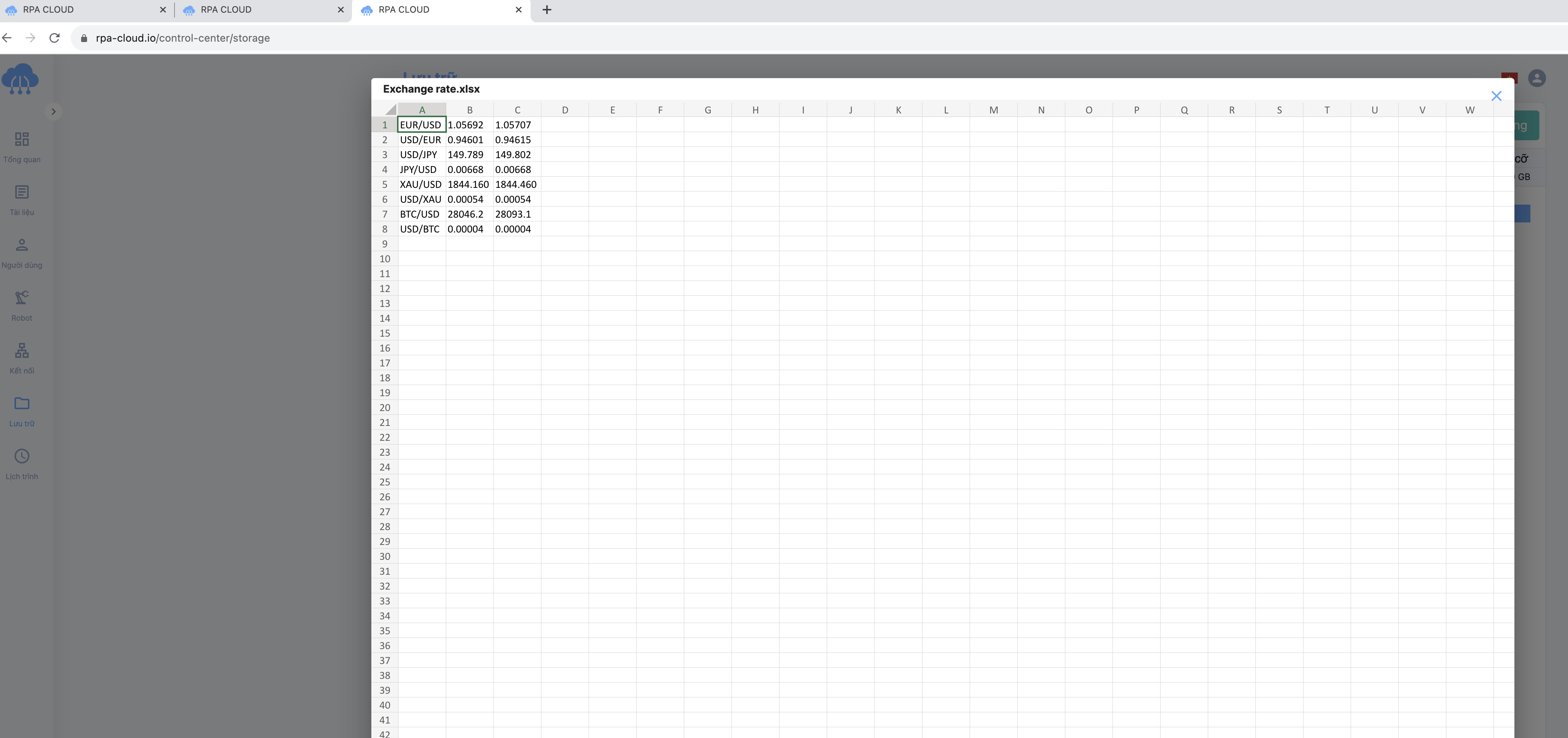 The Excel file after being filled with data from the web.