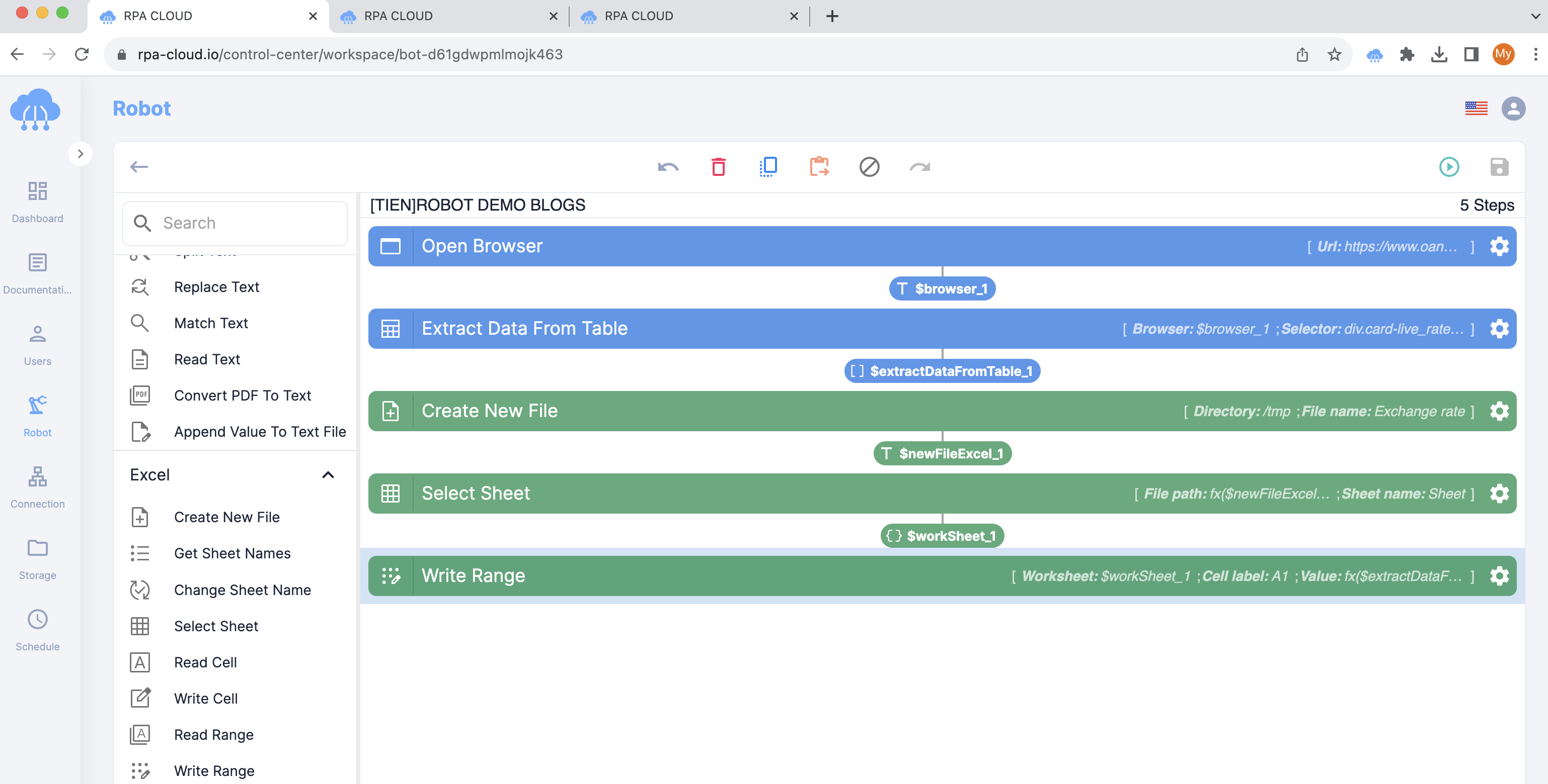 Using RPA CLOUD to automatically import data into Excel